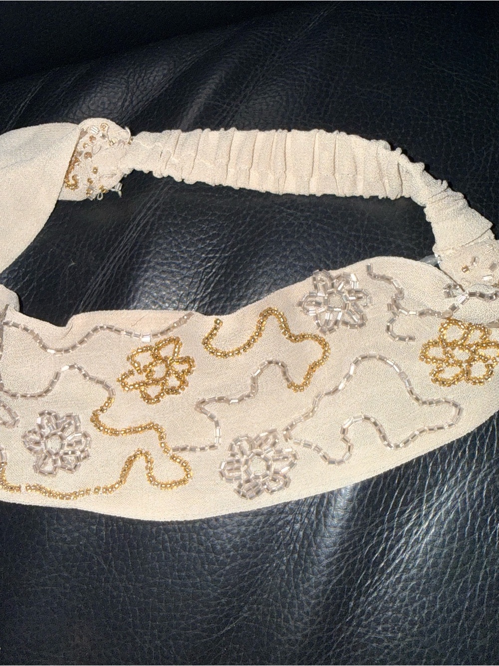 Free People Beaded Cream Elastic Headband with Gold and Silver Embellishments